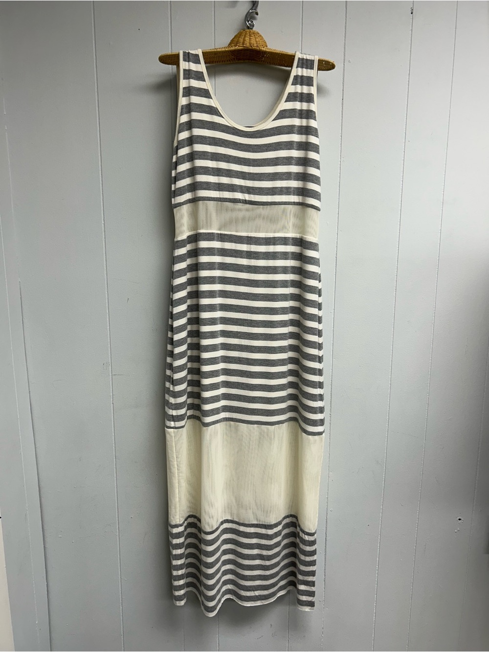 Chelsea & Theodore Striped Sleeveless Maxi Dress in Gray and Cream